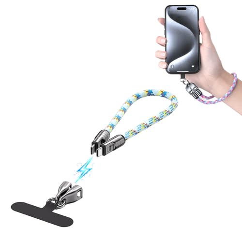 Brandone C to C 240w Charging Cable with Wearable Bracelet Design, 5a Fast USB-C Phone Lanyard Charging Cable, 2 in 1 Portable Type C Phone Charger Cables (Blue, Short)