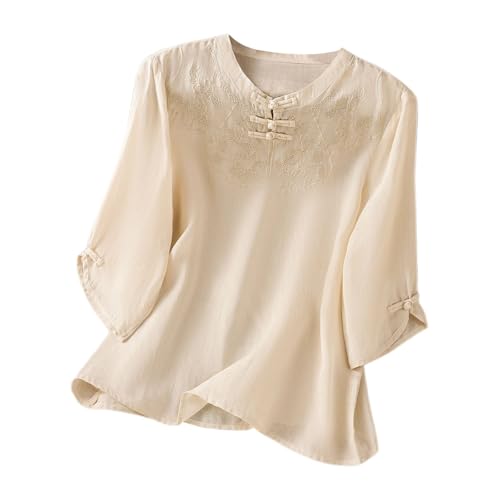 Elegant Women's T Shirts with Vintage Embroidery Classic Round Neck Casual Comfortable Tee for Everyday Wear (Beige, M)