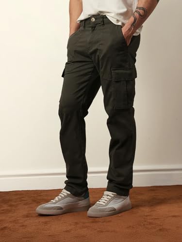 Image of Vogaan Men Solid Relaxed Fit Cotton Blend Cargo Trousers with Utility Pocket