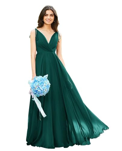 Image of HSFIYAKJ Bridesmaid Dresses Long Chiffon Formal Dress Open Back V Neck Evening Prom Gown for Women with Pockets