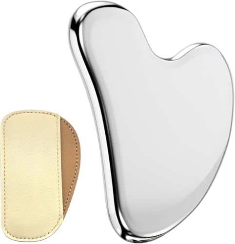 SKY-TOUCH Stainless Steel Gua Sha Facial Tools Massage Sticks Tighten Skin Massage Guasha Beauty Tool for Face Body Eyes with Carry Bag - 85x55mm Sliver
