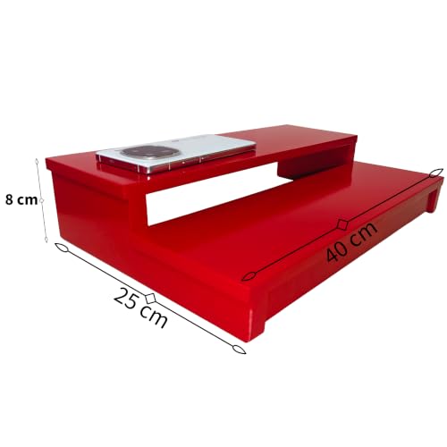 Image of Premium Wooden 2-Tier Puja Chowki in Glossy Red-Multi-level Worship Pedestal Stand for Idols,Diya,and Home Mandir(Size40x25x8 cm)Traditional Worship Platform with Storage Space (Auspicious Shubh Rang)