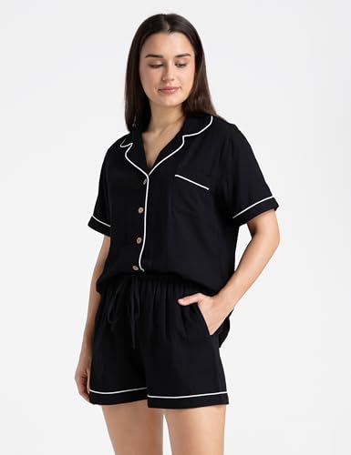 Image of Womens Muslin Pajama Set 100% Cotton Double Gauze Linen Like | Breathable Soft Comfort Button Up Loungewear Sleepwear PJ Set