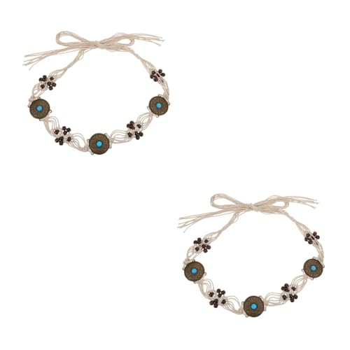 LUOZZY 2pcs Boho Braided Rope Waist Belt Vintage Western Hand-woven Beaded Tassel Tie for Dresses Skirts and Casual Outfits Beige