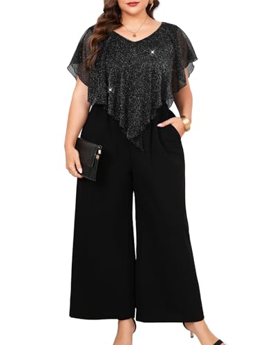ZOMVA Plus Size Womens Pant Suit Sparkly Mesh V Neck Wide Leg Mother of The Bride Pant Suits with Pockets Evening Party, Black, 2X