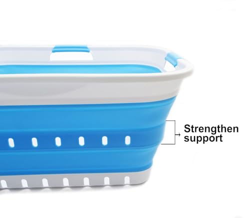 Image of SAMMART 42L (11 gallon) Collapsible Plastic Laundry Basket - Foldable Pop Up Storage Container /Organizer - Portable Basket - Space Saving Hamper /Basket (2, White /Marine Blue)
