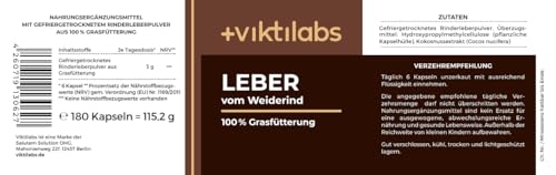 Leber vom Weiderind - gefriergetrocknetes Rinderleber Pulver - 100% Grasfütterung aus Neuseeland - Grass Fed Beef Liver - Optimale Nährstoffaufnahme - 180 Kapseln - 3 g pro Tagesdosis (1 Glas)