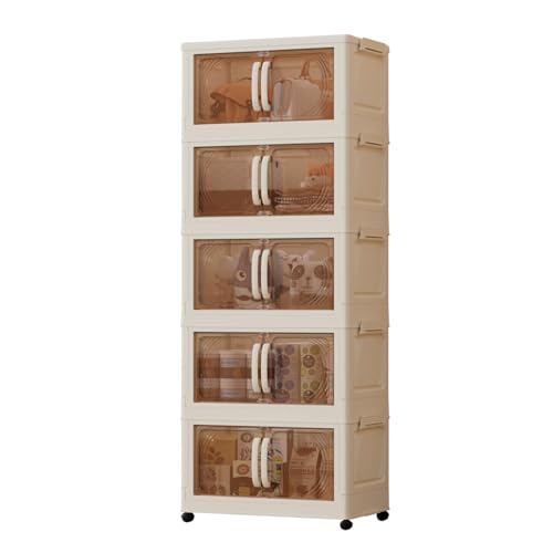 Image of 5 Tier Collapsible Storage Bins with Magnetic Doors, 23QT Stackable Organizers with Locking Wheels & Side Latches, Foldable Plastic Storage Containers for Bedroom, Office, Dorm Room Organizing