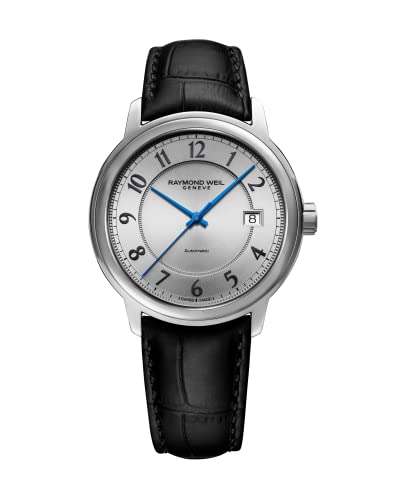 Raymond Weil Maestro Men's Automatic Watch, Silver Dial, Arabic Numerals, Genuine Black Leather Strap, 40 mm (Model: 2237-STC-05658)