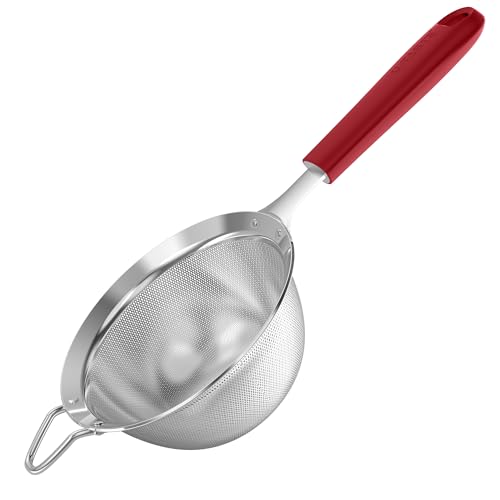 U-Taste Tamiz de malla fina mediana: colador de cocina de acero inoxidable 18/8 de 12cm con mango de silicona resistente remachado, ideal para tamizar harina, colar té arroz quinua (Rojo)