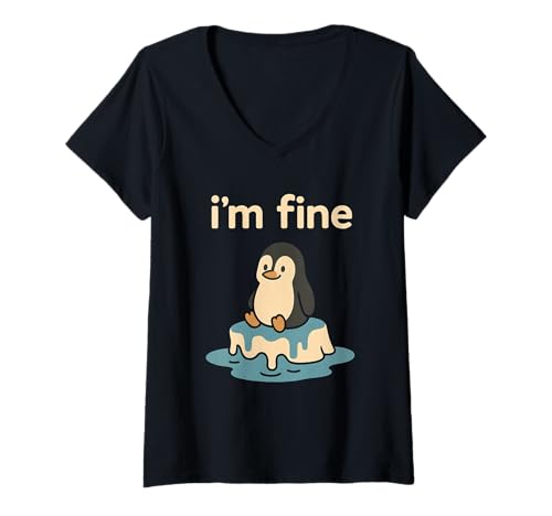 Donna Melting Ice I'm Fine Penguin Funny Sarcastic Climate Meme Maglietta con Collo a V