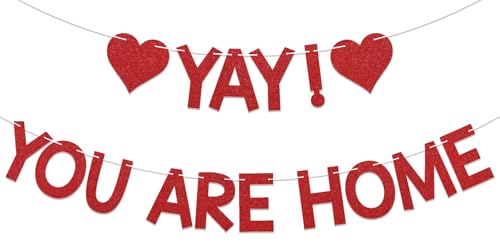 Image of Yay! You're Home! Banner - Welcome Back to Home Sign, Family Reunion Party Bunting Sign, Welcome Home Party Decorations Red Glitter