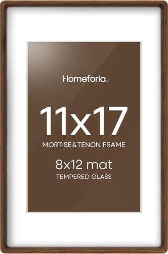 Homeforia 11x17 Picture Frame Brown Wood Mortise & Tenon Walnut 11 x 17 Photo Frames with Mat 8 by 12 for Wall 11by17 Dark Wooden Frames Matted to 8x12 inch Print Tempered Glass Wall Kit Set of 1