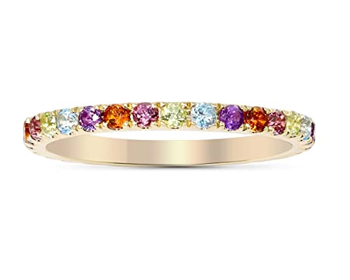 14K Yellow Gold Genuine Multicolor Gemstone Eternity Band Ring