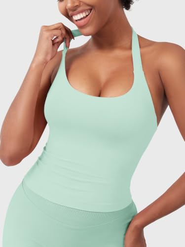 Image of YEOREO SoftHue Women's Impact Halter Tank Top Longline Backless Scoop Neck Built-in Bra Sports Workout Gym Crop Top