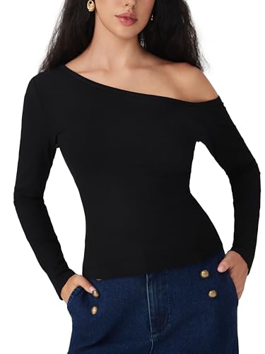 CIDER One Shoulder Long Sleeve Casual Top for Women 2025 Fall Ribbed Knit Slim Fit Pullover Shirt3