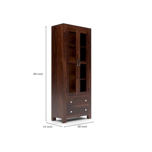 Image of Sheesham Wood Bookcases with 4 Shelves 2 Drawer - Wooden Kitchen Crockery Cabinet for Dining Room Kitchen with Glass Door Book Shelf Wooden Rack for Living Room (James Walnut)
