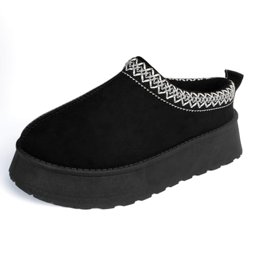 Samilor Women's Winter Platform Slippers: Round Toe Suede Fuzzy Furry House Shoes for Indoor Outdoor - Comfortable Slip on Short Mini Boots - Black 9