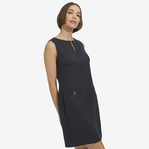 Image of Tommy Hilfiger Women's Sleeveless Split Neck Solid Hopsack Weave Dress
