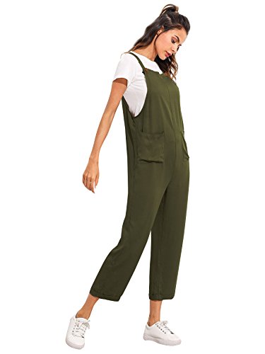 Verdusa Women's Sleeveless Straps Pockets Plaid Culotte Jumpsuit Overalls Olive S