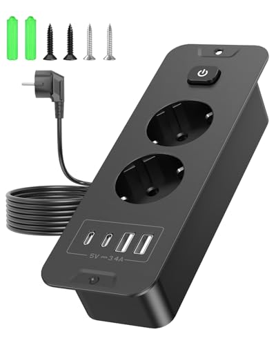 Multiprise encastrable avec USB - Prise de Table escamotable avec 2 Ports USB C (20 W) et 2 Ports USB A - Prise encastrable pour Cuisine - pour Bureau, Chambre d'hôtel,...