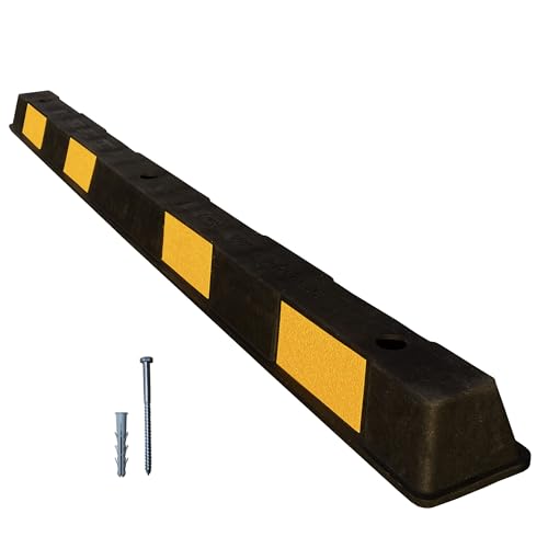 ADO - Tope de rueda para aparcamiento 1800x150x100mm goma pvc negro con bandas amarillas reflectoras, para mayor visibilidad. Topes para delimitar el espacio. Tornillería incluida (Tope + tornillería)