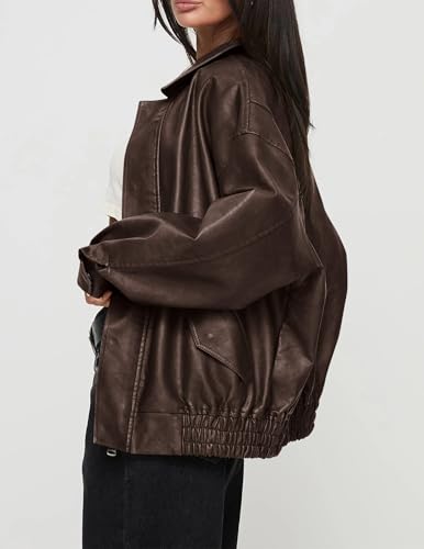 PRETTYGARDEN Women's Faux Leather Motorcycle Jacket Trendy Fall Spring Clothes Oversized Zip Up Winter Coat Outerwear3