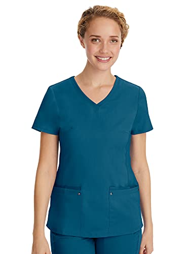 Healing Hands Women's Scrub Top V-Neck with 2 Pockets, 2-Way Stretch, and Yoga Knit Side Panels for Slim Fit Plus Size - 2245, 3XL, Caribbean