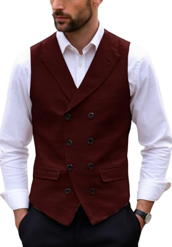 Men's Double Breasted Linen Suit Vest V-Neck Lightweight Slim Fit Waistcoat for Party4