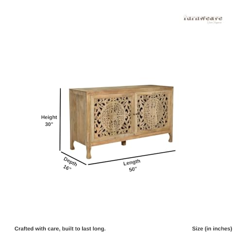 Image of Yepa Wooden Sideboard Cabinet for Living Room | Handcrafted Solid Wood Storage Cabinet with Carved Doors | Crockery Cabinet for Home | Crockery Furniture for Home (Natural)