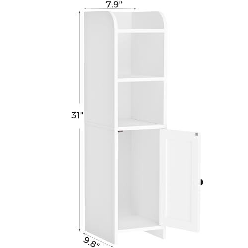 Homhedy Small Bathroom Storage Corner Floor Cabinet with Door and Shelves, Beside The Toilet Paper Stand for Skinny, Narrow Toilet Paper Cabinet, 9.8\" D x 7.9\" W x 31\" H, White
