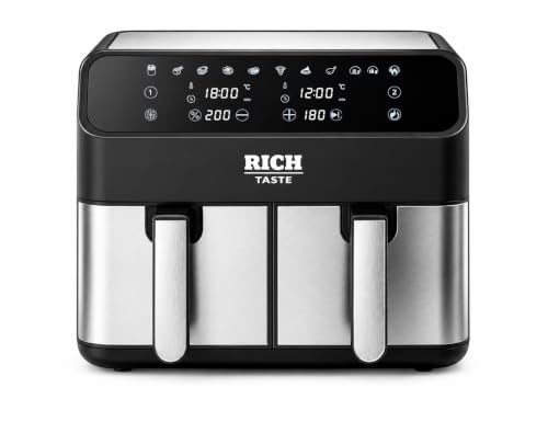 Rich Taste 9L Dual Basket Air Fryer 10 in 1 Cooking Functions 2800W Energy Saver Digital Touch Display Independent Controls Adjustable Temperature and Timer Large Capacity Oil-Free Cooking