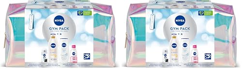 NIVEA Pack Neceser Gimnasio Gympack, Set Para Ella Con Desodorante Roll On Black&White 50ml + Loción Corporal Q10 400ml + Desmaquillador de Ojos 125ml + Gel de Ducha 250ml - Cuidado Completo