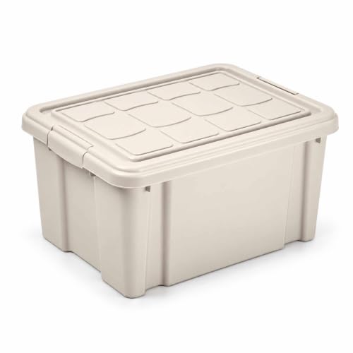 Cubo de almacenaje con tapa, Contenedor de plástico para almacenar libros, ropa, mantas, 42 x 36 x 25 cm, 25 litros de capacidad, Beige
