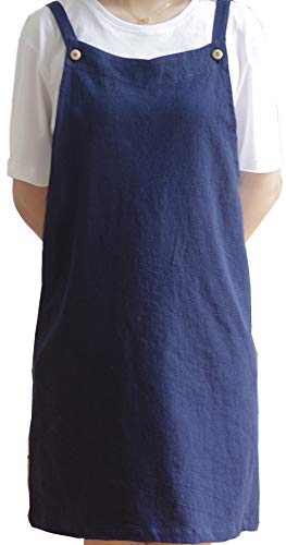 Verstellbare Küchenschürze im japanischen Stil, Baumwollleinen mit 2 Taschen Pinafore Schürze für Damen Chef Kellnerin Friseurin passt für Grill, Lack und Kreuz-Rücken-H Schulterriemen Navy blau Cover