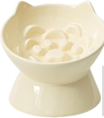 zornik ゆっくりミール 早食い防止 吐き戻し軽減 早食い防止突起付き 猫専用食器 フードボウル 肥満予防 健康維持 首の負担を軽減 脚付き 食べやすい高さ 15度の傾斜付き 陶器製 取扱説明書付き (イエロー)
