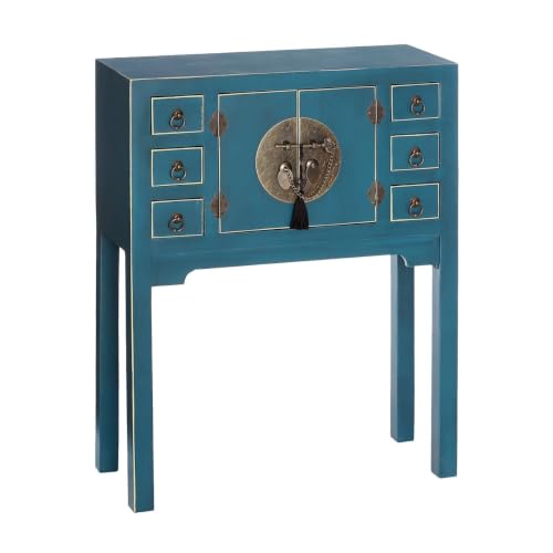 Consola de 6 cajones y 2 puertas oriental azul de madera para entrada