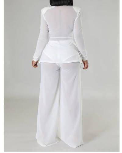 Sexy 2 Piece Outfits for Women Clubwear Mesh Lapel Blazer Top Slit Wide Leg Pants Set Birthday Outfits4