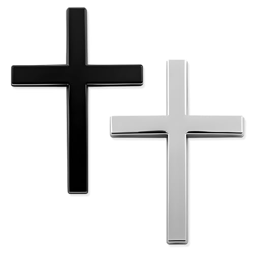 Image of 2PCS Metal Christian Cross Emblem Stickers, 2.5x1.8in 3D Jesus Christ Auto Emblem Badge Decal, Self-Adhesive Styling Cross Decal Decoration for Trunk Tailgate Side Fender (Black+Silver)