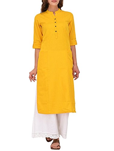 ladyline Women's Pure Cotton Plain Tunic Top 3/4 Sleeves Roll-UP Button Neck with Pocket Long Kurti Kurta Yellow