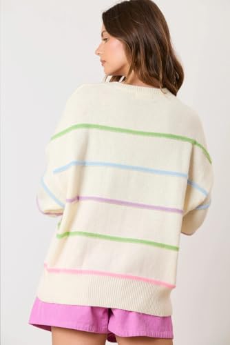 Casual and Cozy White Sweater with Vibrant Rainbow Stripes and Henley Neckline | (US 8-10) M2