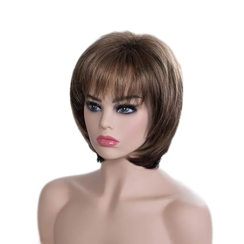 YuanYouTong Parrucca corta castano scuro da donna, taglio pixie, con frangia, castano sfumato biondo misto con radici scure, dall'aspetto naturale, capelli sintetici lisci a strati, per cosplay, feste