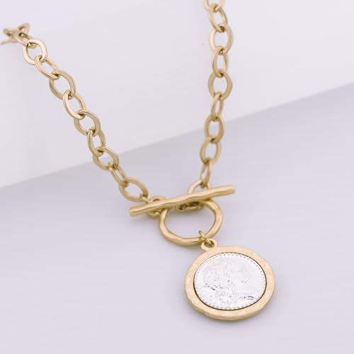 Chunky Coin Fashion Gold Necklace Toggle Antique Gold Plated Roman Coin Necklace for Women 18 Inch Chain Layered Pendant Necklace Jewelry Gift for Women4