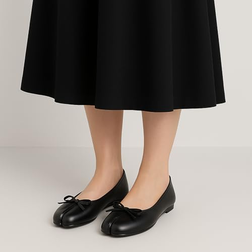VERISSON Women's Tabi Shoes Flats Split Toe Janpanese Ballet Flats Cute Black Bowknot Ballerina Shoes Size 73