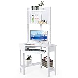 LIFEZEAL Bureau d'angle avec 2 Étagères Au-Dessus, Table pour Ordinateur 2 en 1 Triangulaire en Bois, Table d'Étude, Économie d'Espace, 70 x 70 x 172 cm, Blanc