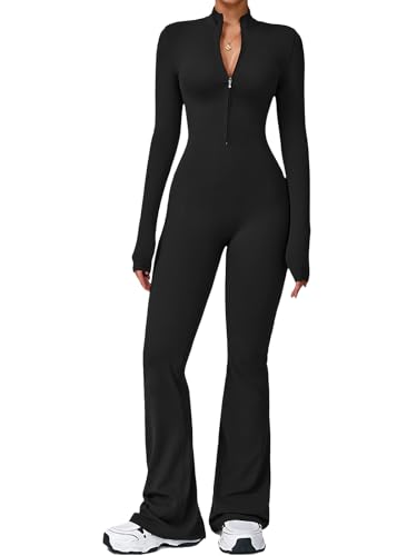 Ecupper Sport Jumpsuits für Damen mit Langarm Einteiler Overalls Flare Romper Reißverschluss Workout Sportanzug Schwarze M Ecupper Sport Jumpsuits für Damen mit Langarm Einteiler Overalls Flare Romper Reißverschluss Workout Sportanzug Schwarze M