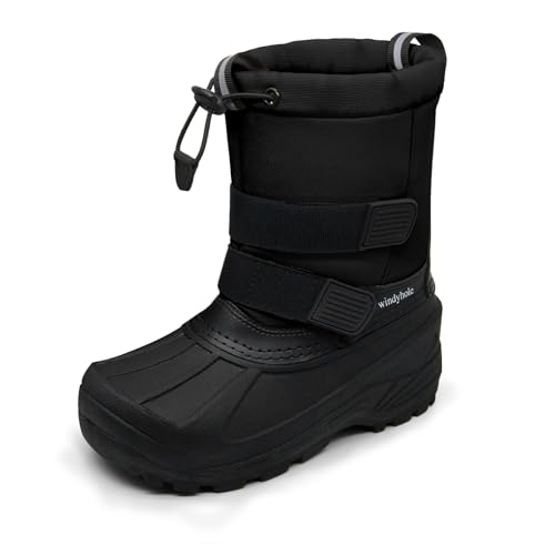 windyhole Boys Girls Waterproof Winter Warm Snow Boots Durable Anti-Slip Kids Winter Boots(Black,5 Big Kid)