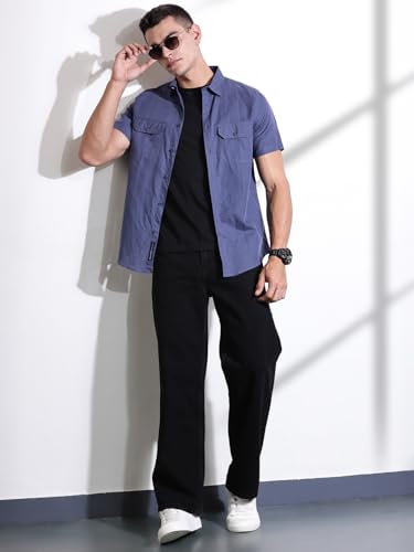 Image of Thomas Scott Men's | Solid | Half Sleeve | Slim Fit | Linen Blend | Double Flap Pocket | Spread Collar | Casual Shirt for Men