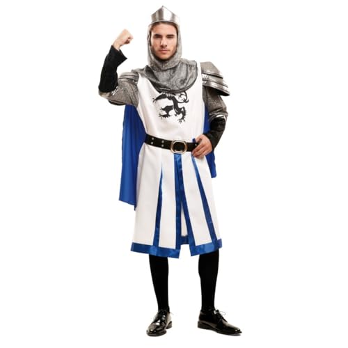 My Other Me - Disfraz Caballero Medieval hombre, talla M-L. Incluye casaca blanca, hombreras plateadas, capa azul, capucha metalizada, faldón blanco con franjas azules, cinturón negro y corona.