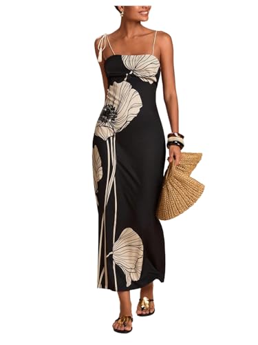 RoseSeek Floral Elegant Tassel Spaghetti Strap for Women Maxi Dress